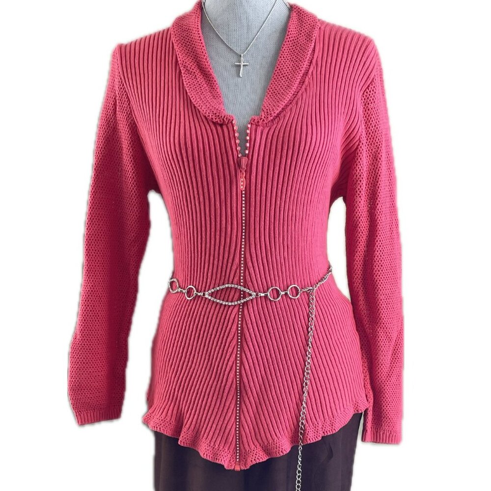Y2K sweater Pink Rhinestone Zipper SIze Large